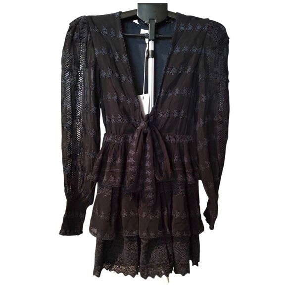 Hemant & Nandita Black Eyelet Mini Dress XS NWT Boho Viscose Tie-Front Tiered